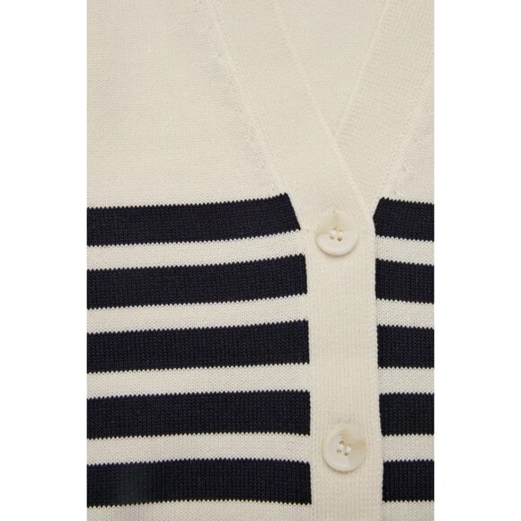 COS Striped Cardigan 100% Cotton V Neck Cream Black Relaxed Fit Size S Preppy - Picture 3 of 16